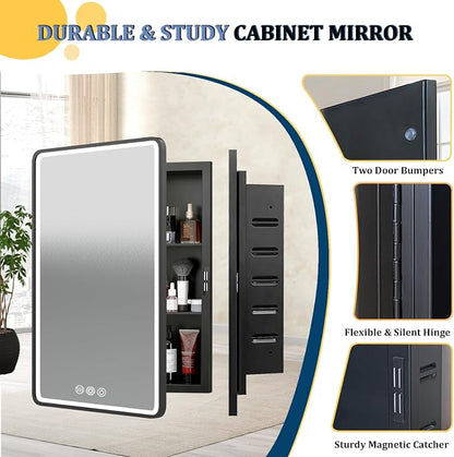 LED Medicine Cabinet with Mirror 22x30 inch, Lighted Cabinet Mirror for Bathroom Storage, Anti-Fog, 3 Colors Dimmable, Black Metal Frame with Adjustable Shelves, Wall Mount or Recessed