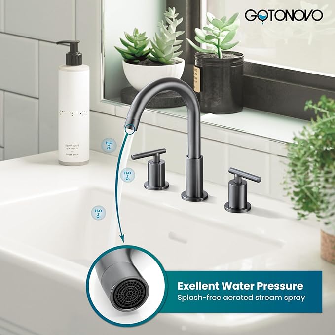 gotonovo 3 Hole 2 Handles Lavatory Basin Bathroom Sink Faucet with Pop Up Drain with Hot and Cold Mixer Valves 8 Inch Widespread Bathroom Faucet Gray