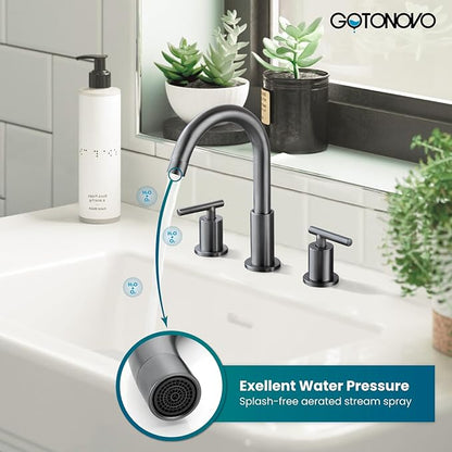 gotonovo 3 Hole 2 Handles Lavatory Basin Bathroom Sink Faucet with Pop Up Drain with Hot and Cold Mixer Valves 8 Inch Widespread Bathroom Faucet Gray