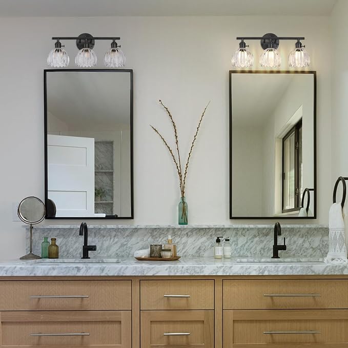 Matte Black 3 Light Bathroom Vanity Light,18.8in Modern Bathroom Lighting Fixtures Over Mirror with Tulip Crystal Glass Shade,Vintage Vanity Lights for Bathroom for Living Room（not include Bulbs)