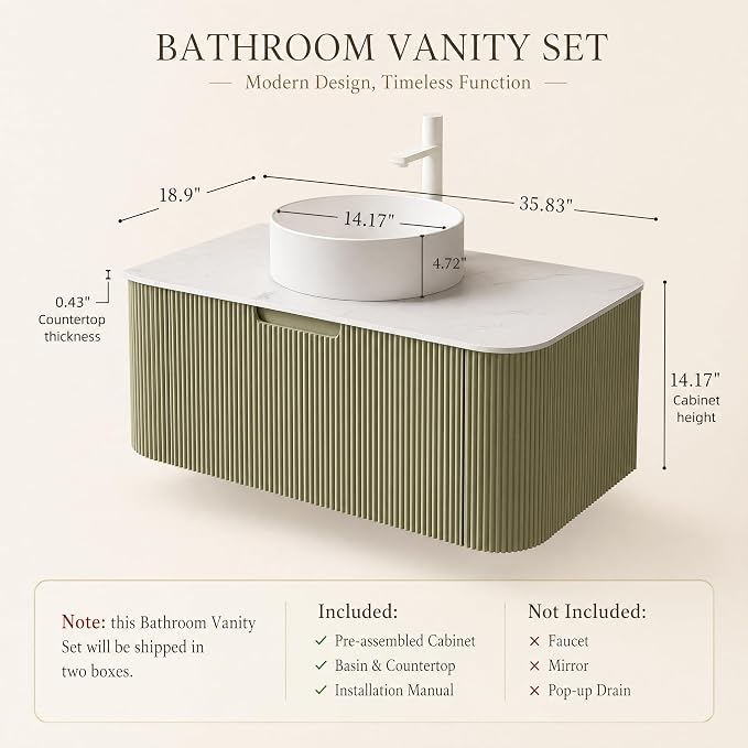 36 Inch Bathroom Vanity with Sink, Floating Wall Mounted Single Sink Vanity, Sage Green Curved Fluted Front, Stone Top, Pure White Round Vessel Basin, Pre-Assembled
