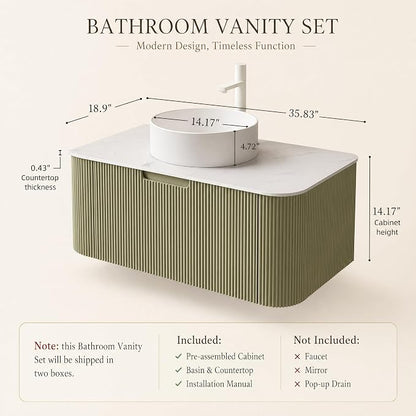 36 Inch Bathroom Vanity with Sink, Floating Wall Mounted Single Sink Vanity, Sage Green Curved Fluted Front, Stone Top, Pure White Round Vessel Basin, Pre-Assembled