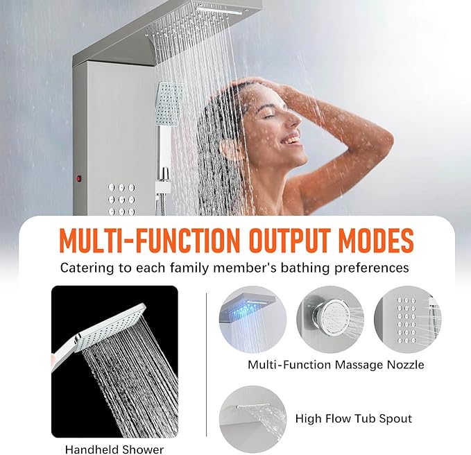 Fuz LED Shower Panel Tower System, 5 Function Stainless Steel Brushed Nickel Shower Tower with Rainfall Shower Head and Handheld, 4 Body Jets and Waterfall Tub Spout, High Pressure Shower Column