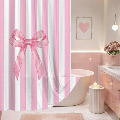 Tititex Cute Candy Cane Striped Pink Bow 140gsm Faux Linen Fabric Shower Curtain, Elegant Classic Shower Curtain Sets Decoration 72x72 Inch with Hooks