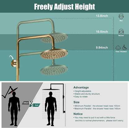 Heyalan Exposed Shower System, 8 Inch Rain Head, Handheld,Antique Brass | Exposed shower system with 8 inch rain head, handheld sprayer, single handle control, and complete wall-mounted setup.
