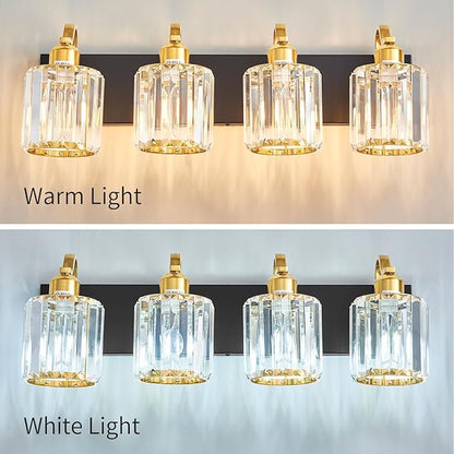 Crystal Vanity Lights for Bathroom, 4 Light Bathroom Vanity Light, Modern Matte Black and Gold Wall Lighting Fixtures with Crystal Round Shade (Exclude Bulb)