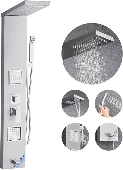 VEVOR Shower Panel Tower System with Rainfall Waterfall Shower Head, 53 in Brushed Stainless Steel Shower Column, 5-Function Faucet, Wall-Mount Rain Massage System with 2 Body Jet, Handheld, Tub Spout