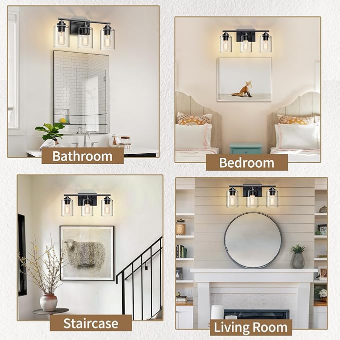 Bathroom Light Fixtures Over Mirror,3-Light Wall Sconce Vanity Lights for Bathroom,Vanity Lighting Fixtures,Black