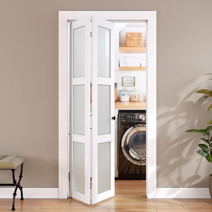 SMARTSTANDARD Bifold Door for 24"x 80" Opening, Tempered Frosted Glass, MDF | Closet Folding Doors with Hardware kit Included, White, Water-Proof PVC Surface, Easy Install, Space-Saving