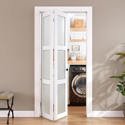 SMARTSTANDARD Bifold Door for 28"x 80" Opening, Tempered Frosted Glass, MDF | Closet Folding Doors with Hardware kit Included, White, Water-Proof PVC Surface, Easy Install, Space-Saving