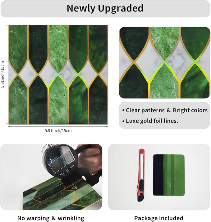 funlife Holographic Emerald Art Deco Peel and Stick Backsplash Self-Adhesive PVC Wall Tiles Easy DIY with Tools for Kitchen Bathroom and Laundry Room 5.9"x5.9"x10-Sheet Pointed Arch Marble