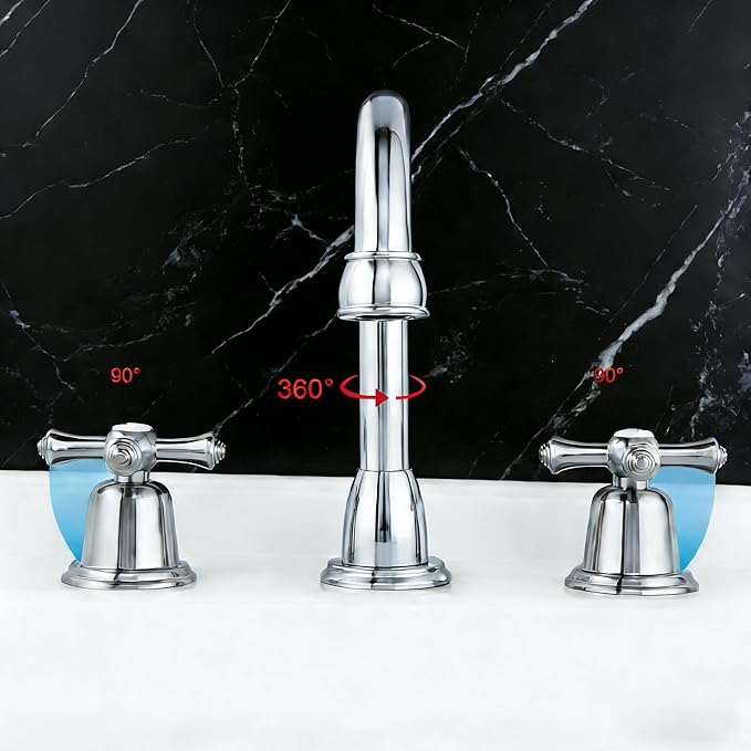 RKF Bathroom Faucets for Sink 3 Hole Chrome Polished 8 inch Widespread Bathroom Sink Faucet with Drain 2 Handles Cross Knobs Faucet Bathroom Vanity Faucet Basin Mixer Tap CWF039-CP