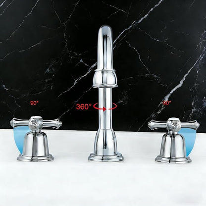RKF Bathroom Faucets for Sink 3 Hole Chrome Polished 8 inch Widespread Bathroom Sink Faucet with Drain 2 Handles Cross Knobs Faucet Bathroom Vanity Faucet Basin Mixer Tap CWF039-CP