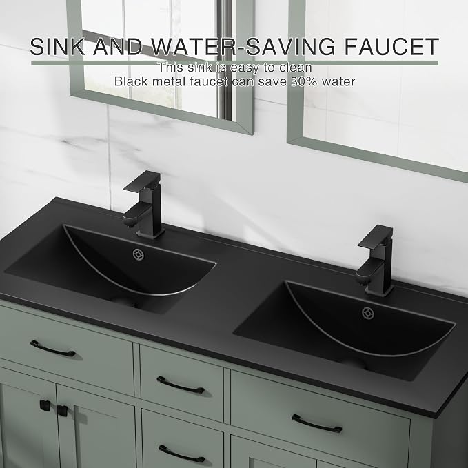 LUCKWIND 48" Modern Bathroom Vanity with Sink Combo, Contemporary Painted Storage Cabinet and Double Black Sink, Include Soft-Closing Doors & Matte Black Faucet, Green