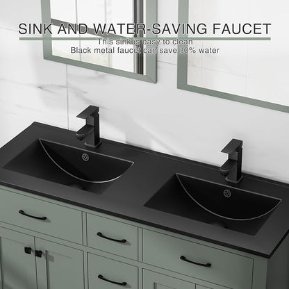 LUCKWIND 48" Modern Bathroom Vanity with Sink Combo, Contemporary Painted Storage Cabinet and Double Black Sink, Include Soft-Closing Doors & Matte Black Faucet, Green