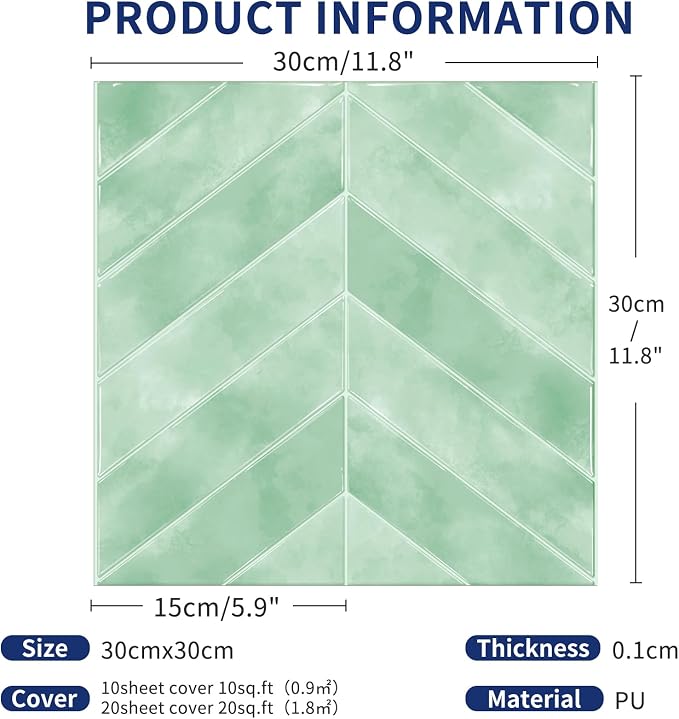 MORCART 10PCS 11.8"x11.8" Herringbone Peel and Stick Backsplash | Light Green, 3D Adhesive Waterproof Wall Tiles for Kitchen, Bathroom, Living Room, Laundry Room, Subway Tiles