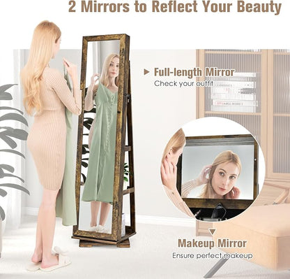 LOKO 360° Rotating Jewelry Armoire, Freestanding Jewelry Cabinet with Inside Makeup Mirror, 2-in-1 Lockable Jewelry Organizer w/Full-Length Mirror for Women (Rustic Brown)