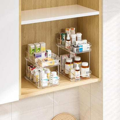 Delamu Bathroom Under Sink Organizers and Storage, 2 Pack, Clear | 2-Tier Multi-Purpose, Stackable, Pull Out Cabinet Kitchen Pantry Organization and Storage with Dividers
