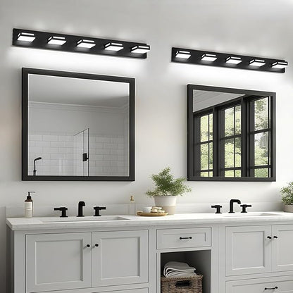 LED Modern Bathroom Light Fixtures, 5-Light 40-Inch Matte Black Vanity Lights for Bathroom Lighting Fixtures Over Mirror, 350° Rotatable Acrylic, 6000K Cool White Wall Lamp