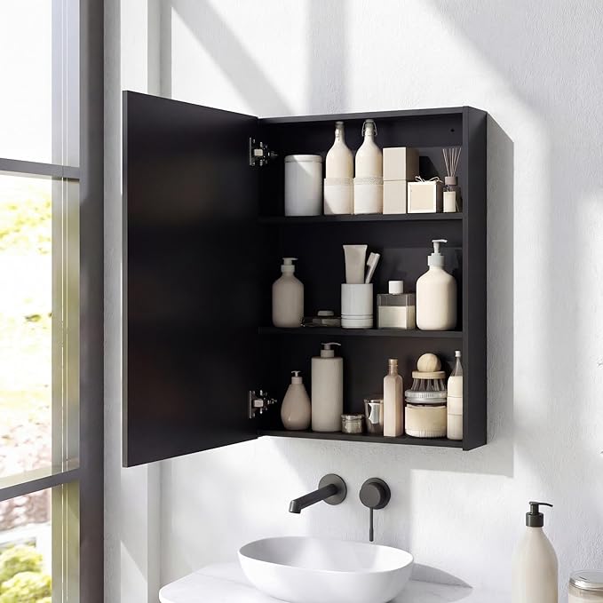 Panana Bathroom Cabinet Medicine Cabinets with Single Mirrored Door Wall Mounted Cabinet with Mirror, Storage Shelf with Adjustable Shelves Storage Organizer Kitchen Cupboard (Black, 15.7x23.6 inch)