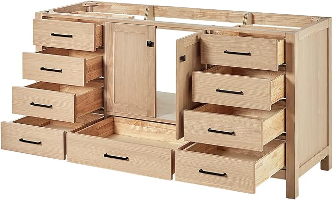 ARIEL Cambridge 66-inch Bathroom Vanity Base Cabinet,Solid Wood, 2 Soft Closing Doors, 9 Dovetail Drawers, White Oak