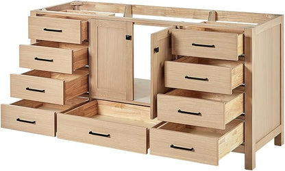 ARIEL Cambridge 66-inch Bathroom Vanity Base Cabinet,Solid Wood, 2 Soft Closing Doors, 9 Dovetail Drawers, White Oak
