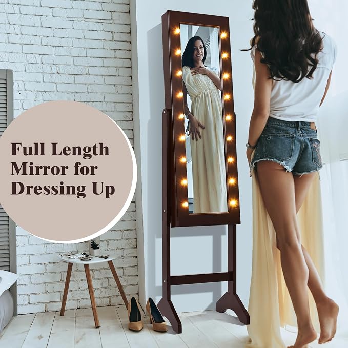 Jewelry Armoire with 18 LED Lights, Freestanding Jewelry Organizer with Full-length Mirror, Large Storage Mirrored Jewelry Cabinet with 16 Lipstick Holders, for Bedroom, Dressing Room (Brown)