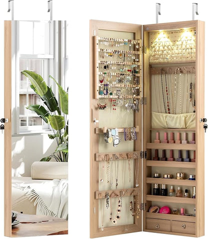 LDAILY Moccha Wall Door Jewelry Armoire, 47.5" H Full Length Mirrored Jewelry Cabinet with 2 LED Lights and 2 Drawers, Lockable Jewelry Cabinet, Jewelry Organizer Storage for Bedroom (Light Oak)