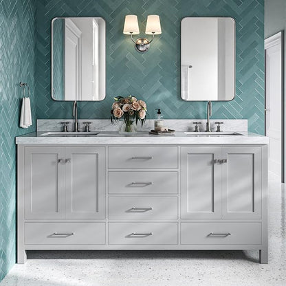 Beckford 72" Grey Double Bathroom Vanity with Sink, 2" Italian Carrara Marble Countertop, Rectangular Undermount Sinks, 4 Soft-Closing Doors, 6 Dovetail Drawers