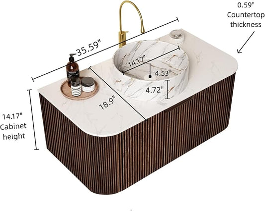 36'' Floating Vanity with Sink Combo, Modern Wall-Mounted Curved Edges Striped Bathroom Storage Cabinet with Soft-Close Drawer and White Stone Pattern Basin, Dark Walnut