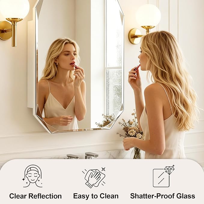 FKWin Luxury Diamond Frameless Medicine Cabinets for Bathroom, 30x21 Inch | Modern Bathroom Medicine Cabinet, Recessed medicine cabinet or surface mount medicine cabinet, Easy Install, Reversible Door