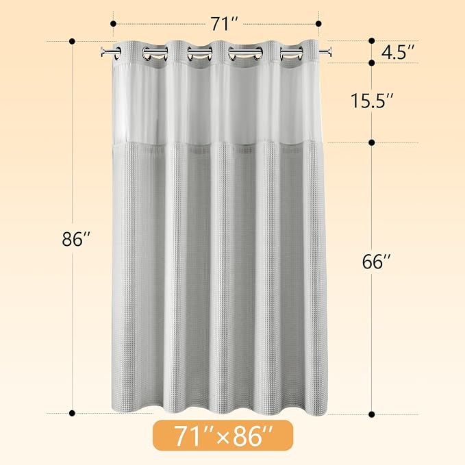 River Dream Cotton Blend Fabric Shower Curtain Set with Liner, Gray, 71x86 | Waffle Weave, No Hook Needed, with Snap in Replacement Liner, Top Sheer Window, Hotel Quality for Bathroom, Extra Long