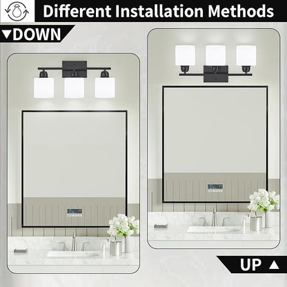 3-Light Bathroom Light Fixtures, Black Bathroom Vanity Lights with Milky White Frosted Glass Shades, Black Vanity Light for Bathroom Mirror, Bedroom, Living Room, Vanity Table, E26 Base