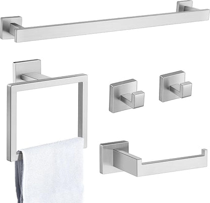 Herogo Bathroom Accessories Set, 23.5 Inch 5 Pieces Brushed Nickel Bathroom Hardware Set, Bath Towel Racks Bars with Toilet Paper Holder, Hand Towel Holder Ring & Hooks, Wall Mount