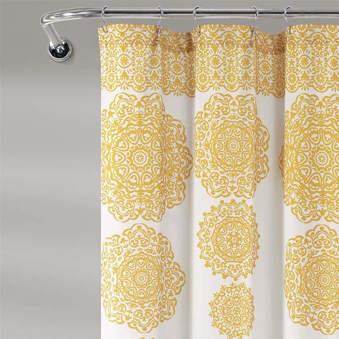 Lush Decor Stripe Medallion Shower Curtain-Fabric Mandala Bohemian Damask Print Design, 72" x 72", Yellow