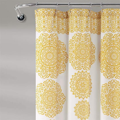 Lush Decor Stripe Medallion Shower Curtain-Fabric Mandala Bohemian Damask Print Design, 72" x 72", Yellow