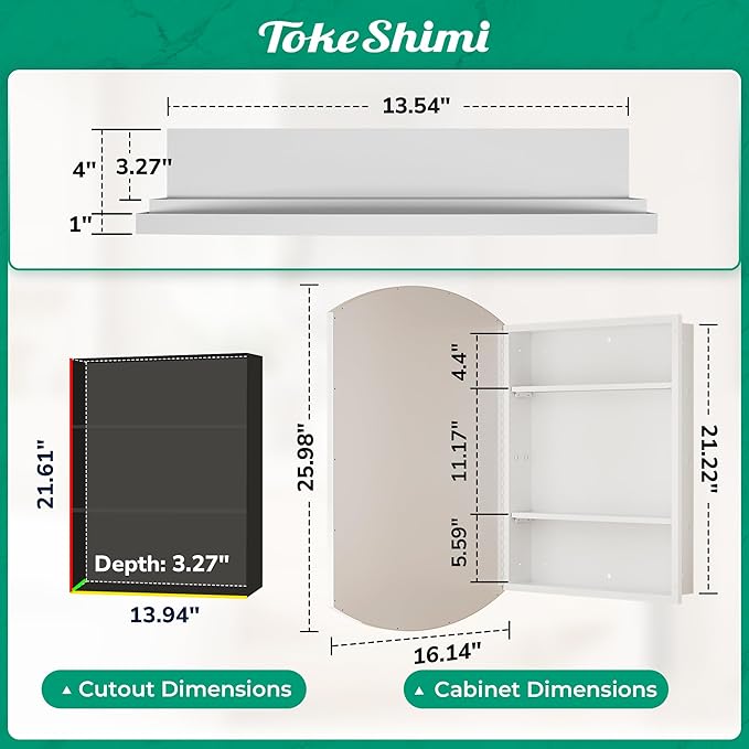 TokeShimi 16 x 26 Oval Bathroom Medicine Cabinet with Mirror Beveled, White Arched Medicine Cabinet with Mirrored, Recessed or in Wall Mirror with Storage Metal Modern