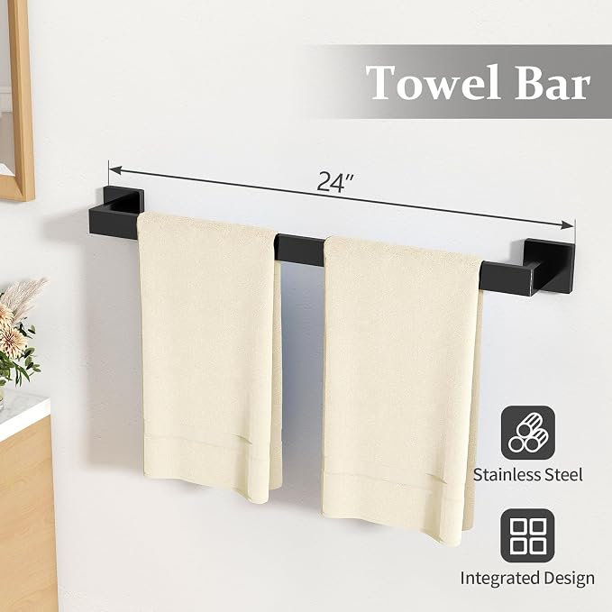 STWWO 10-Piece Matte Black Bathroom Hardware Accessories Set | 24 inch Towel Bar, Stainless Steel Towel Racks for Bathroom, Bath Towel Bar Set Wall Mounted