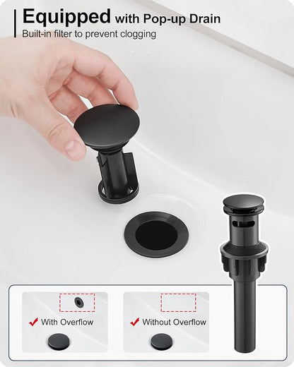 Brass Bathroom Faucets One Hole, Black Bathroom Sink Faucet 4 Inch Single Handle Bathroom Faucet 3 Hole, Vanity Faucet with Deck Plate & Pop-up Drain, No Splashing