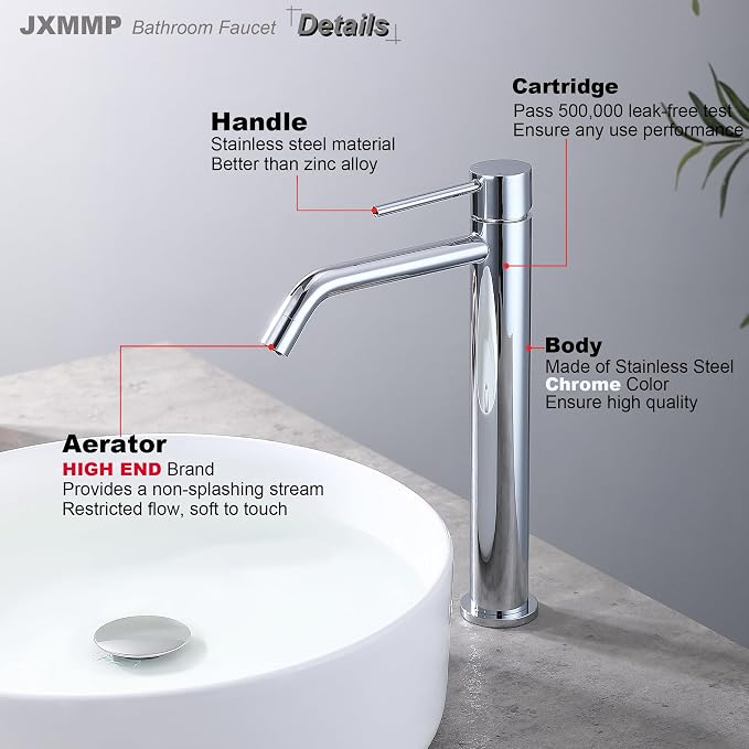 Chrome Tall Bathroom Faucet with Sink Drain and Supply Lines, JXMMP Single Handle Vessel Sink Faucet Chrome Single Hole, Stainless Steel Vessel Faucet JXM1001CP