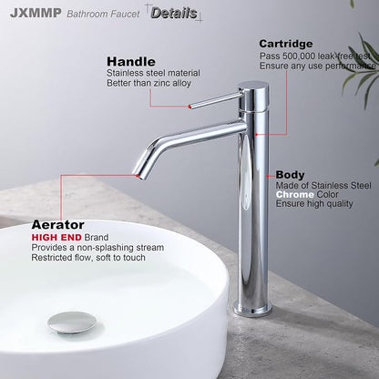 Chrome Tall Bathroom Faucet with Sink Drain and Supply Lines, JXMMP Single Handle Vessel Sink Faucet Chrome Single Hole, Stainless Steel Vessel Faucet JXM1001CP