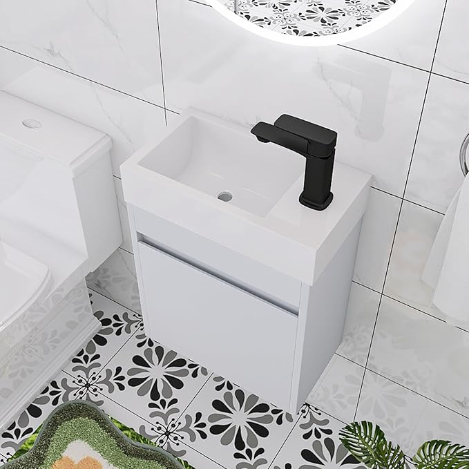 18 Inch Small Bathroom Vanity with Sink, 18" Floating Bathroom Vanity for Small Space, Wall Mounted Cabinet Set with Resin Basin Sink, Soft Close Door (WSG, 005-18" W X 10" D)