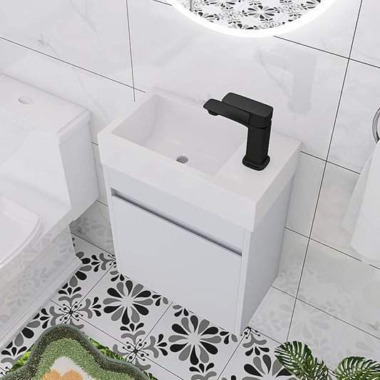 18 Inch Small Bathroom Vanity with Sink, 18" Floating Bathroom Vanity for Small Space, Wall Mounted Cabinet Set with Resin Basin Sink, Soft Close Door (WSG, 005-18" W X 10" D)