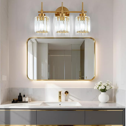Bathroom Lighting Fixtures, 3 Light Gold Bathroom Light Fixtures with Clear Shades Modern Crystal Vanity Light Bath Room Vanity Lighting Over Mirror Wall Light