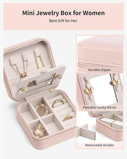 VLANDO Valentines Day Gifts - Small Travel Jewelry Box Organizer -Jewelry Display Case for Girls Women Bridesmaid Gift Rings Earrings Necklaces Storage with Mirror Pink | Necklace Hook for Anti-tangle, Removable Dividers, Waterproof PU Leather,Portable...