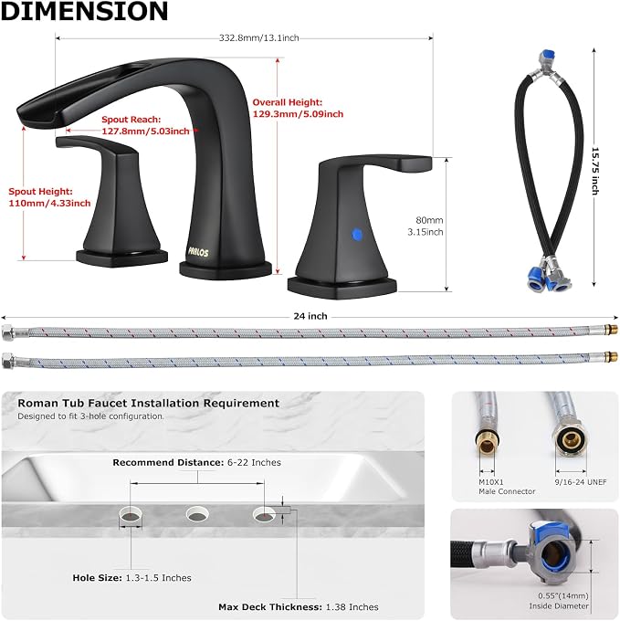 Waterfall 2 Handle Widespread Roman Tub Faucet Matte Black | 3 Hole Deck Mount Bathtub Filler with Valve & Supply Lines