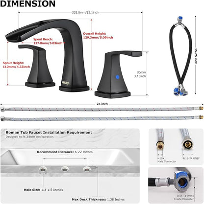 Waterfall 2 Handle Widespread Roman Tub Faucet Matte Black | 3 Hole Deck Mount Bathtub Filler with Valve & Supply Lines