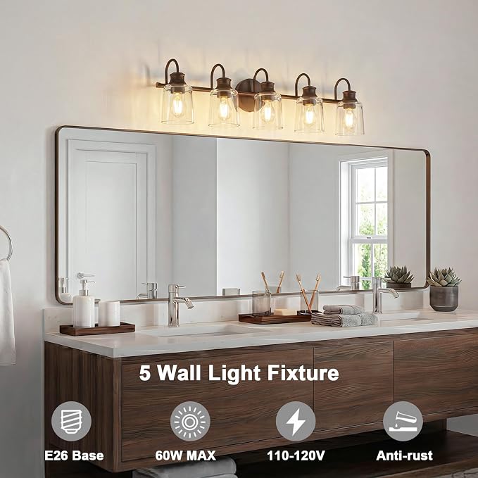 5 Lights Bathroom Light Fixture Oil Rubbed Bronze Vanity Lights | ETL Certificate, Easy to Install,Wall Mount Up or Down,Thickened Glass Lampshade,E26 Socket,Hardwired