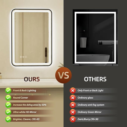 20x28 Inch Black Framed LED Bathroom Mirror with Lights, Built-in Bluetooth Speaker, Dimmable Lighted Bathroom Vanity Mirror with 3 Colors, Backlit + Frontlit, Memory, Anti-Fog