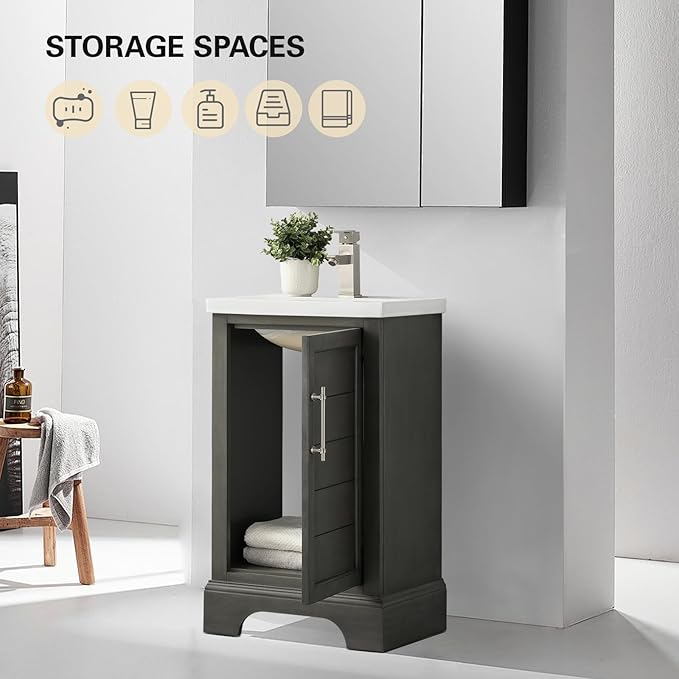 HOMEBEYOND 20 Inch Bathroom Vanity with Single Sink & Ceramic Top, Vanity Cabinet with Center Countertop Basin, Soft-Closing Doors, Sliver Grey